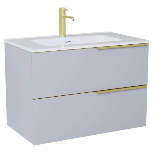 HD Cremona Fume Grey 80 komplett fürdőszoba bútor szett fali mosdószekrénnyel, szálcsiszolt arany fogantyúkkal, tükörrel és magasszekrénnyel