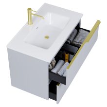 HD Cremona Fume Grey 80 komplett fürdőszoba bútor szett fali mosdószekrénnyel, szálcsiszolt arany fogantyúkkal, tükörrel és magasszekrénnyel