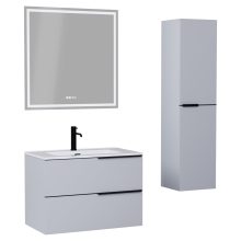 HD Cremona Fume Grey 80 komplett fürdőszoba bútor szett fali mosdószekrénnyel, matt fekete fogantyúkkal, tükörrel és magasszekrénnyel