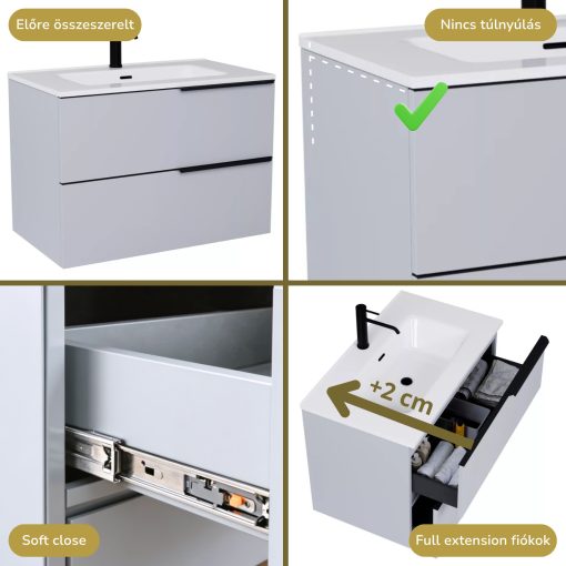 HD Cremona Fume Grey 80 komplett fürdőszoba bútor szett fali mosdószekrénnyel, matt fekete fogantyúkkal, tükörrel és magasszekrénnyel