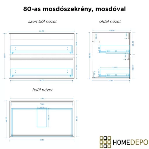 HD Aria Pro Black-Oak 80 fali mosdószekrény, push-to-open mechanizmussal
