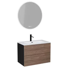 HD Aria Pro Black-Oak 80 komplett fürdőszoba bútor fali push-to-open mosdószekrénnyel és tükörrel