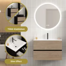HD Aria Pro Black-Oak 80 komplett fürdőszoba bútor szett fali push-to-open mosdószekrénnyel, tükörrel és magasszekrénnyel