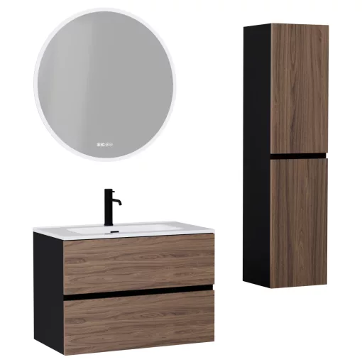 HD Aria Black-Oak 80 komplett fürdőszoba bútor szett fali mosdószekrénnyel, tükörrel és magasszekrénnyel