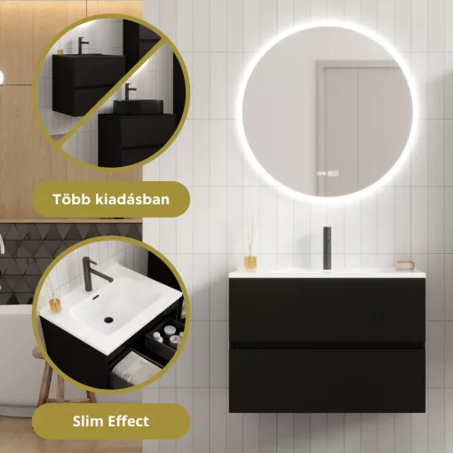 HD Aria Pro Black 80 komplett fürdőszoba bútor fali push-to-open mosdószekrénnyel és tükörrel