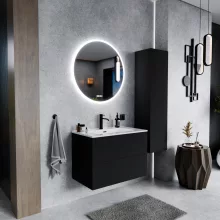 HD Aria Pro Black 80 komplett fürdőszoba bútor szett fali push-to-open mosdószekrénnyel, tükörrel és magasszekrénnyel