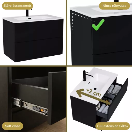 HD Aria Pro Black 80 komplett fürdőszoba bútor szett fali push-to-open mosdószekrénnyel, tükörrel és magasszekrénnyel
