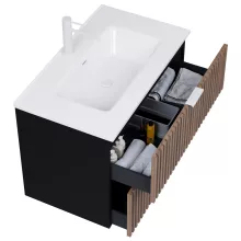 HD Ravello Black-Oak 80 komplett fürdőszoba bútor fali mosdószekrénnyel, matt fehér fogantyúkkal és tükörrel