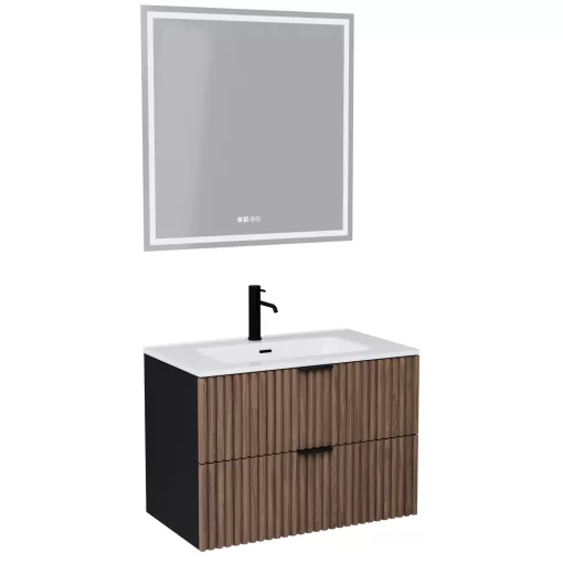 HD Ravello Black-Oak 80 komplett fürdőszoba bútor fali mosdószekrénnyel, matt fekete fogantyúkkal és tükörrel