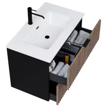 HD Ravello Black-Oak 80 komplett fürdőszoba bútor fali mosdószekrénnyel, matt fekete fogantyúkkal és tükörrel