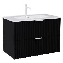 HD Ravello Matt Black 80 komplett fürdőszoba bútor fali mosdószekrénnyel, matt fehér fogantyúkkal és tükörrel