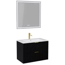 HD Ravello Matt Black 80 komplett fürdőszoba bútor fali mosdószekrénnyel, szálcsiszolt arany fogantyúkkal és tükörrel