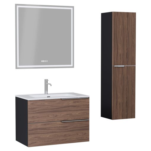 HD Cremona Black-Oak 80 komplett fürdőszoba bútor szett fali mosdószekrénnyel, fényes króm fogantyúkkal, tükörrel és magasszekrénnyel