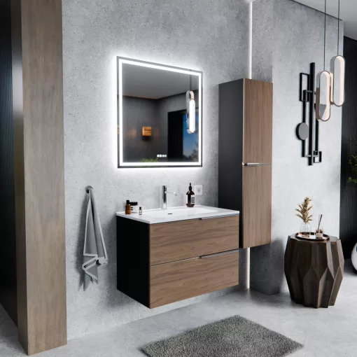 HD Cremona Black-Oak 80 komplett fürdőszoba bútor szett fali mosdószekrénnyel, fényes króm fogantyúkkal, tükörrel és magasszekrénnyel