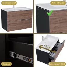 HD Cremona Black-Oak 80 komplett fürdőszoba bútor szett fali mosdószekrénnyel, szálcsiszolt króm fogantyúkkal, tükörrel és magasszekrénnyel