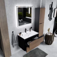 HD Cremona Black-Oak 80 komplett fürdőszoba bútor szett fali mosdószekrénnyel, matt fekete fogantyúkkal, tükörrel és magasszekrénnyel