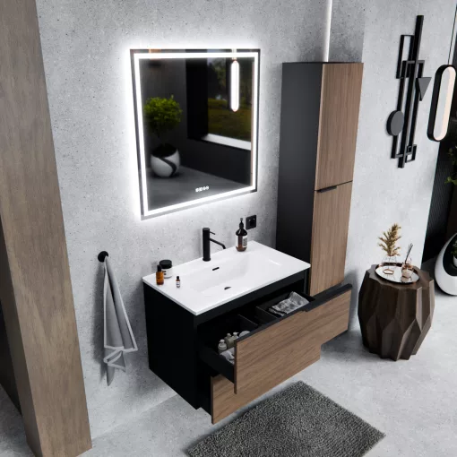 HD Cremona Black-Oak 80 komplett fürdőszoba bútor szett fali mosdószekrénnyel, matt fekete fogantyúkkal, tükörrel és magasszekrénnyel