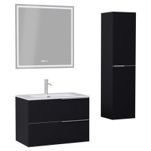 HD Cremona Matt Black 80 komplett fürdőszoba bútor szett fali mosdószekrénnyel, szálcsiszolt króm fogantyúkkal, tükörrel és magasszekrénnyel