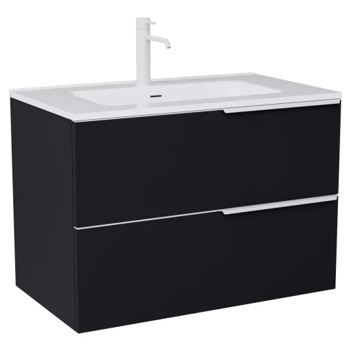 HD Cremona Matt Black 80 fali mosdószekrény matt fehér fogantyúkkal