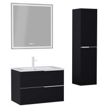 HD Cremona Matt Black 80 komplett fürdőszoba bútor szett fali mosdószekrénnyel, matt fehér fogantyúkkal, tükörrel és magasszekrénnyel