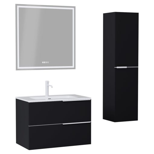 HD Cremona Matt Black 80 komplett fürdőszoba bútor szett fali mosdószekrénnyel, matt fehér fogantyúkkal, tükörrel és magasszekrénnyel