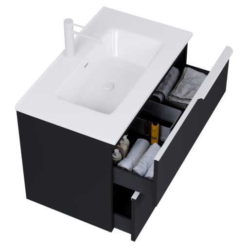 HD Cremona Matt Black 80 komplett fürdőszoba bútor szett fali mosdószekrénnyel, matt fehér fogantyúkkal, tükörrel és magasszekrénnyel