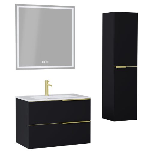 HD Cremona Matt Black 80 komplett fürdőszoba bútor szett fali mosdószekrénnyel, szálcsiszolt arany fogantyúkkal, tükörrel és magasszekrénnyel