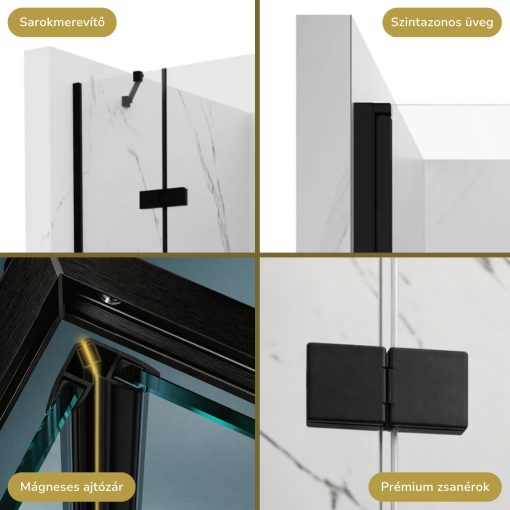 HD Nexon "S" Black aszimmetrikus szögletes nyílóajtós zuhanykabin 6 mm vastag vízlepergető biztonsági üveggel, fekete színű elemekkel, 195 cm magas