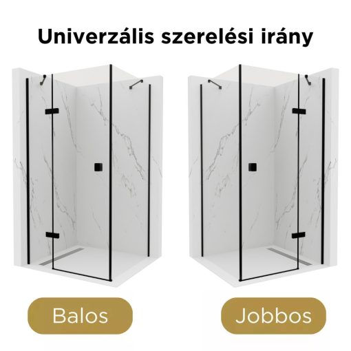 HD Nexon "S" Black aszimmetrikus szögletes nyílóajtós zuhanykabin 6 mm vastag vízlepergető biztonsági üveggel, fekete színű elemekkel, 195 cm magas