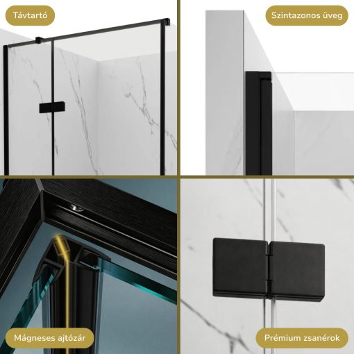 HD Nexon "T" Black 100x120 aszimmetrikus szögletes nyílóajtós zuhanykabin 6 mm vastag vízlepergető biztonsági üveggel, fekete színű elemekkel, 195 cm magas