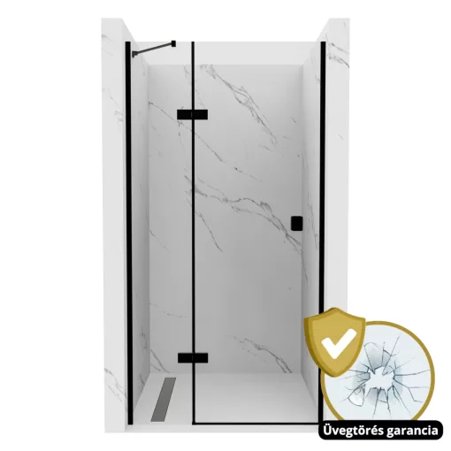 HD Nexon "S" Black 80/90/100/110/120 cm széles fix+nyíló zuhanyajtó 6 mm vastag vízlepergető biztonsági üveggel, fekete elemekkel, 195 cm magas