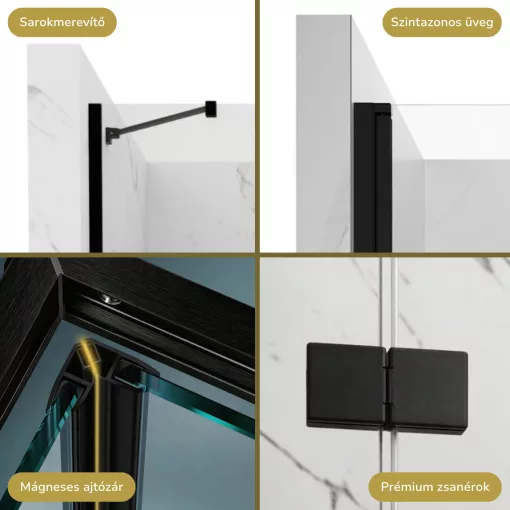 HD Nexon "S" Black 80/90/100/110/120 cm széles fix+nyíló zuhanyajtó 6 mm vastag vízlepergető biztonsági üveggel, fekete elemekkel, 195 cm magas