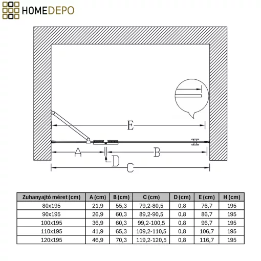 HD Nexon "S" Black 80/90/100/110/120 cm széles fix+nyíló zuhanyajtó 6 mm vastag vízlepergető biztonsági üveggel, fekete elemekkel, 195 cm magas