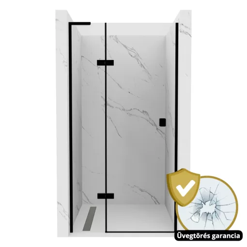 HD Nexon "L" Black 80/90/100/110/120 cm széles fix+nyíló zuhanyajtó 6 mm vastag vízlepergető biztonsági üveggel, fekete elemekkel, 195 cm magas