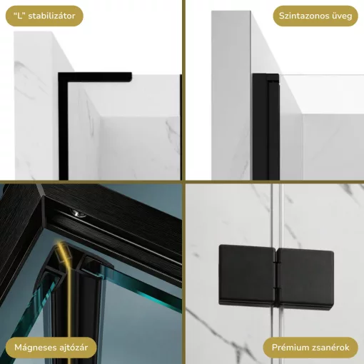 HD Nexon "L" Black 80/90/100/110/120 cm széles fix+nyíló zuhanyajtó 6 mm vastag vízlepergető biztonsági üveggel, fekete elemekkel, 195 cm magas