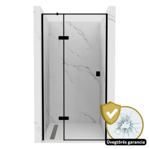 HD Nexon "T" Black 80/90/100/110/120 cm széles fix+nyíló zuhanyajtó 6 mm vastag vízlepergető biztonsági üveggel, fekete elemekkel, 195 cm magas