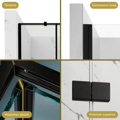 HD Nexon "T" Black 80/90/100/110/120 cm széles fix+nyíló zuhanyajtó 6 mm vastag vízlepergető biztonsági üveggel, fekete elemekkel, 195 cm magas