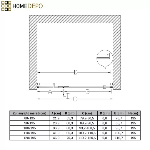 HD Nexon "T" Black 80/90/100/110/120 cm széles fix+nyíló zuhanyajtó 6 mm vastag vízlepergető biztonsági üveggel, fekete elemekkel, 195 cm magas