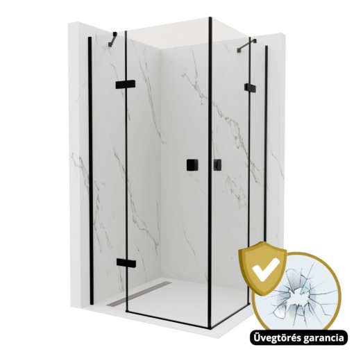 HD Nexon Duo "S" Black 90x110 aszimmetrikus szögletes nyílóajtós zuhanykabin 6 mm vastag vízlepergető biztonsági üveggel, fekete elemekkel, 195 cm magas