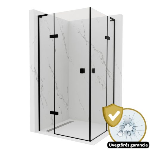 HD Nexon Duo "L" Black 90x80 aszimmetrikus szögletes nyílóajtós zuhanykabin 6 mm vastag vízlepergető biztonsági üveggel, fekete elemekkel, 195 cm magas