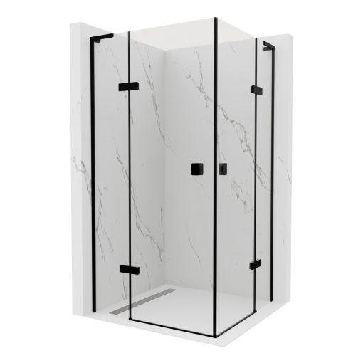 HD Nexon Duo "L" Black 90x80 aszimmetrikus szögletes nyílóajtós zuhanykabin 6 mm vastag vízlepergető biztonsági üveggel, fekete elemekkel, 195 cm magas