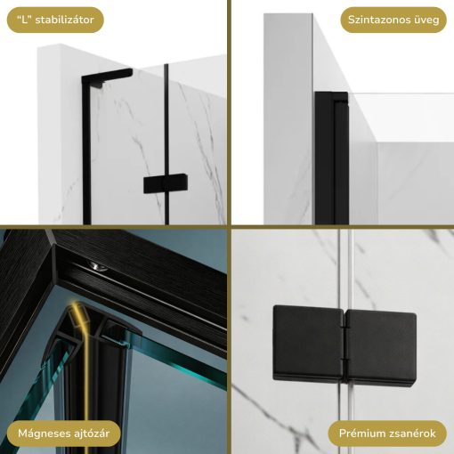 HD Nexon Duo "L" Black 90x80 aszimmetrikus szögletes nyílóajtós zuhanykabin 6 mm vastag vízlepergető biztonsági üveggel, fekete elemekkel, 195 cm magas