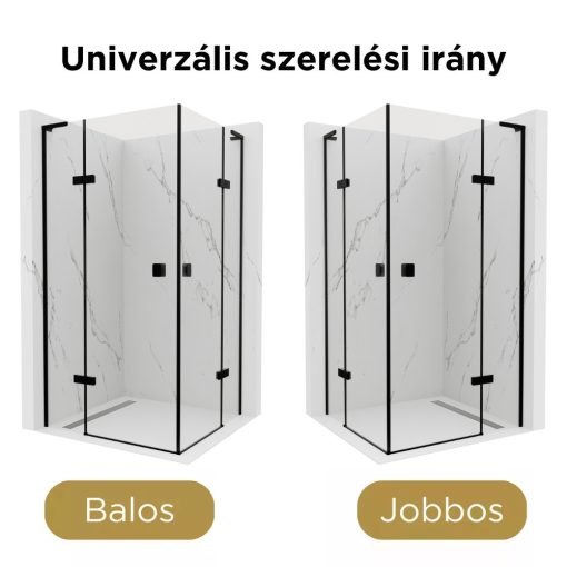 HD Nexon Duo "L" Black 90x80 aszimmetrikus szögletes nyílóajtós zuhanykabin 6 mm vastag vízlepergető biztonsági üveggel, fekete elemekkel, 195 cm magas