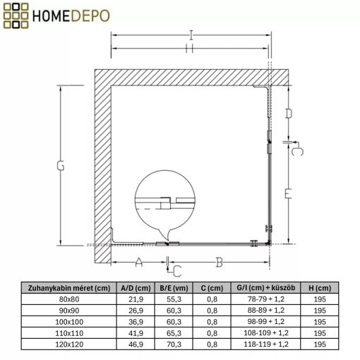 HD Nexon Duo "L" Black 90x80 aszimmetrikus szögletes nyílóajtós zuhanykabin 6 mm vastag vízlepergető biztonsági üveggel, fekete elemekkel, 195 cm magas