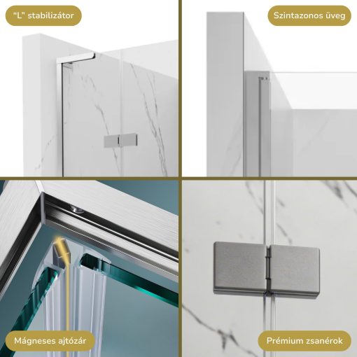 HD Nexon "L" aszimmetrikus szögletes nyílóajtós zuhanykabin 6 mm vastag vízlepergető biztonsági üveggel, krómozott elemekkel, 195 cm magas
