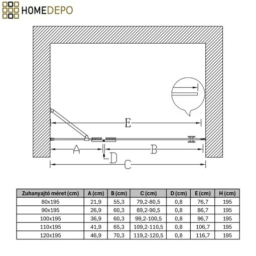 HD Nexon "S" 80/90/100/110/120 cm széles fix+nyíló zuhanyajtó 6 mm vastag vízlepergető biztonsági üveggel, krómozott elemekkel, 195 cm magas