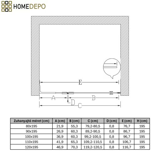 HD Nexon "L" 80/90/100/110/120 cm széles fix+nyíló zuhanyajtó 6 mm vastag vízlepergető biztonsági üveggel, krómozott elemekkel, 195 cm magas