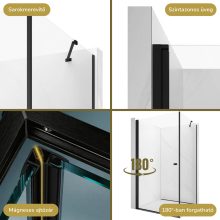 HD Nero "S" Black aszimmetrikus szögletes nyílóajtós zuhanykabin 6 mm vastag vízlepergető biztonsági üveggel, fekete elemekkel, 195 cm magas