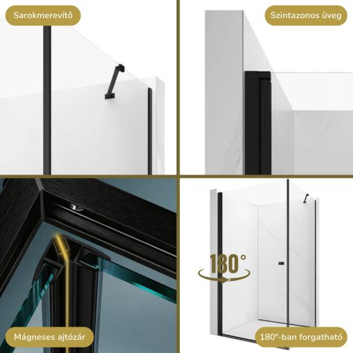 HD Nero "S" Black aszimmetrikus szögletes nyílóajtós zuhanykabin 6 mm vastag vízlepergető biztonsági üveggel, fekete elemekkel, 195 cm magas