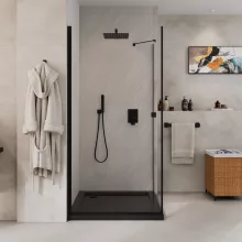 HD Nero "S" Black szögletes nyílóajtós zuhanykabin 6 mm vastag vízlepergető biztonsági üveggel, fekete elemekkel, 195 cm magas